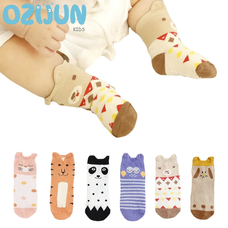 3 Pairs/lot Baby Boys Girls 1-3 Years Cute Cartoon Anti-slip Short Socks Kids Cotton Socks Panda Tiger Owl Puppy Cat