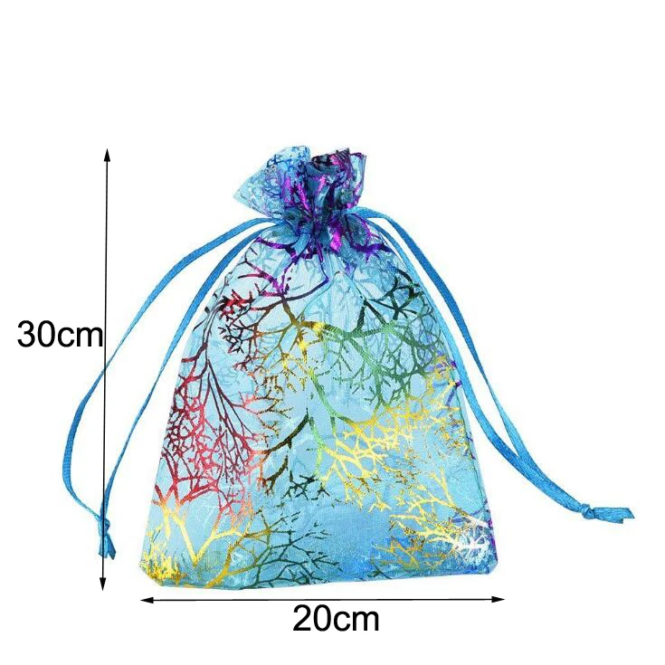 100pcs/lot 13x18, 17x23, 20x30 cm Coral Line Pattern Gauze Yarn Big Organza Bags Drawstring Gift Pouches Christmas Packaging Bag