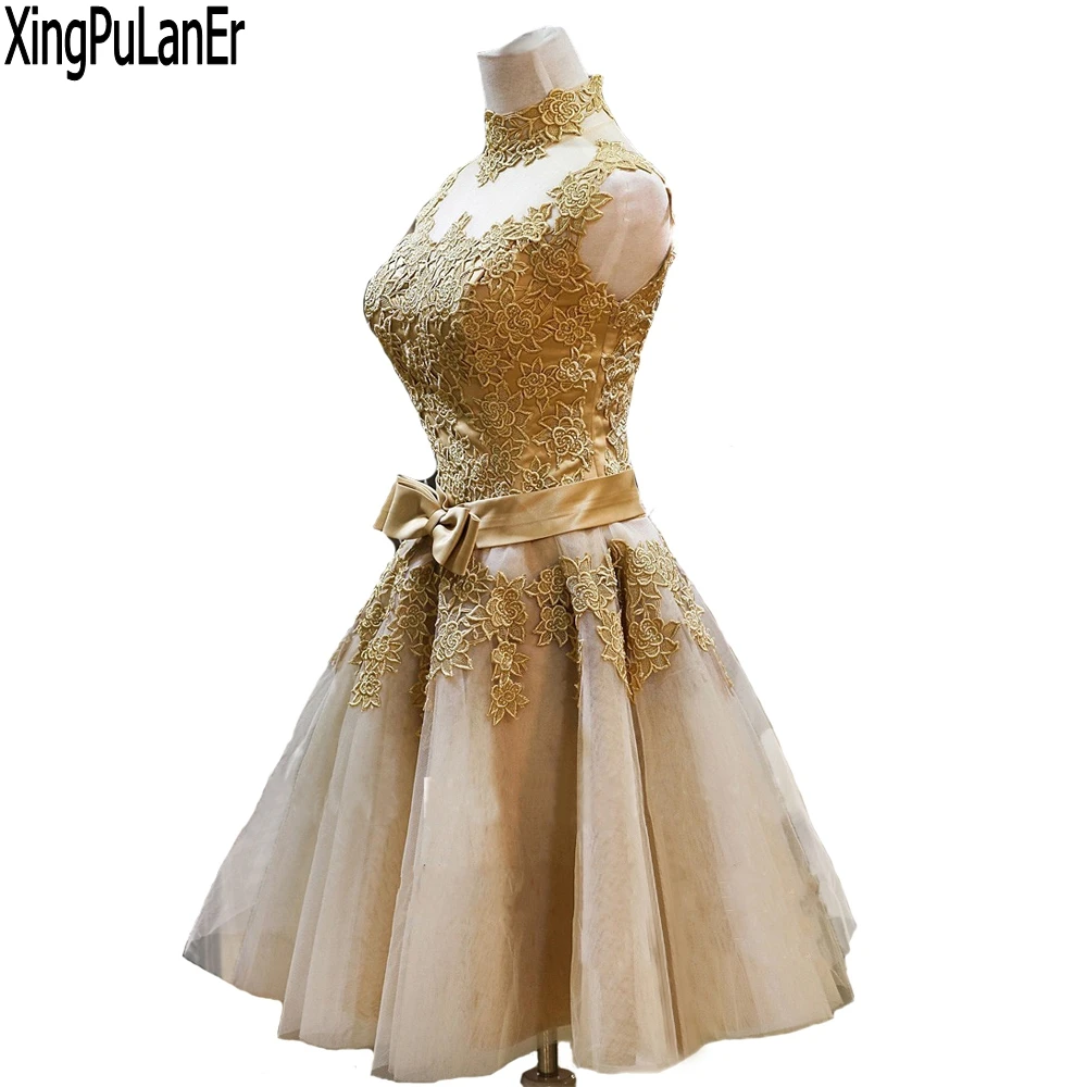 Một Dòng Champagne Ren Appliques Cổ Cao Cap Nữ Tay Ngắn Voan Quần Sịp Đùi Thông Hơi 2017 Vestidos De Fiesta