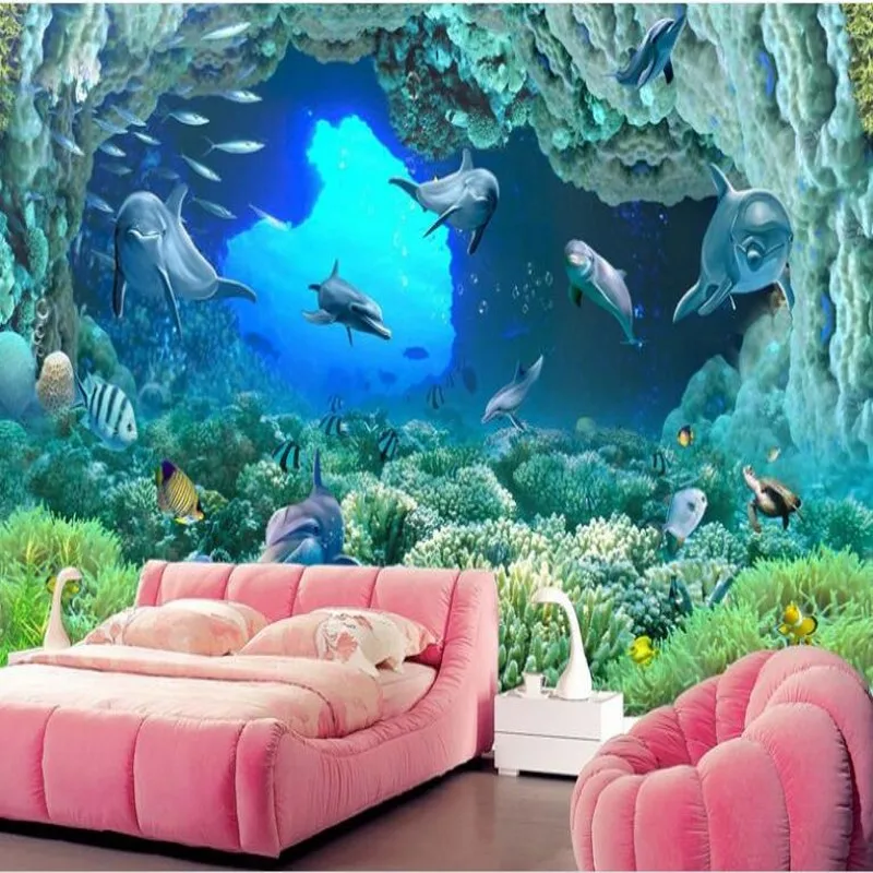 

wellyu Custom large fresco dolphin family super clear seabed coral 3D TV background wall wallpaper papel de parede