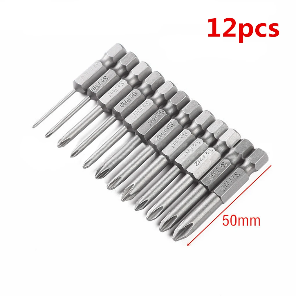 12pcs 1/4 Hex Shank 50mm Magnetic S2 PH0 PH1 PH2 Phillips Cross Head Screwdriver Bit Set Electric Driver Hand Tools