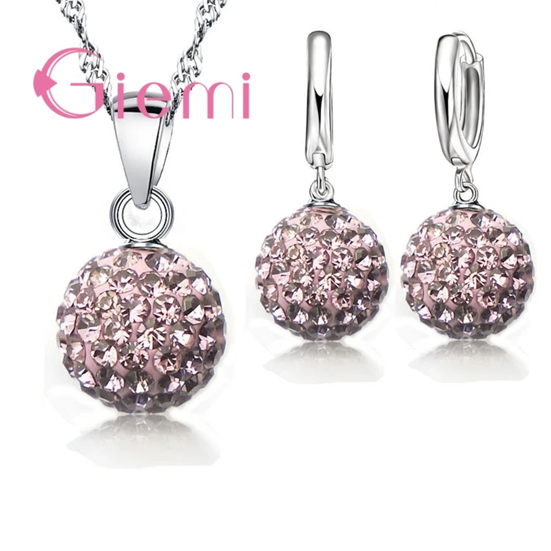 Best Hot New Jewelry Sets 925 Sterling Silver Austrian Crystal Pave Disco Ball Lever Back Earring Pendant Necklace Woman