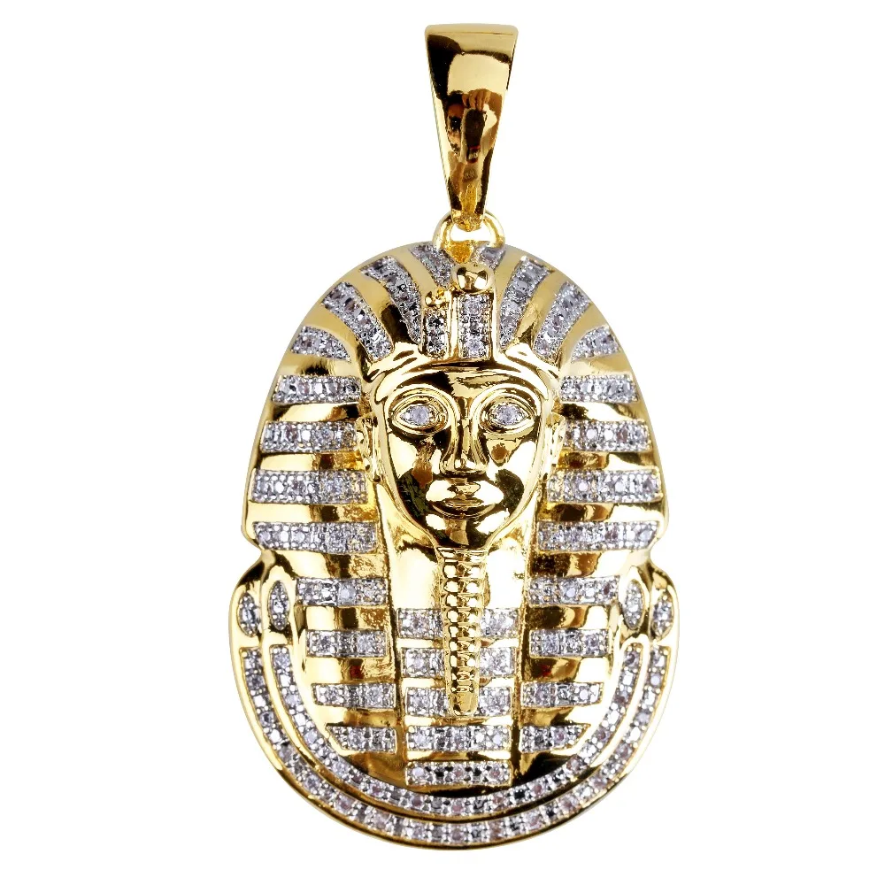 TOPGRILLZ Hip Hop Jewelry Iced Out Gold Color Plated Micro Pave CZ Stone Egyptian Pharaoh Pendant Necklace Three Chain 24 In