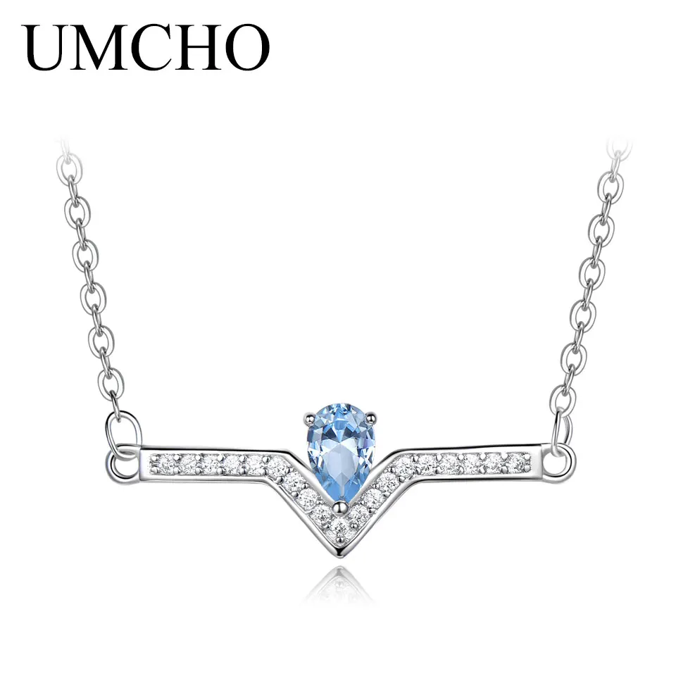 

UMCHO Sterling 925 Silver Necklace Created Nano Sky Blue Stone Chain Necklaces For Woman Anniversary Engagement Jewelry