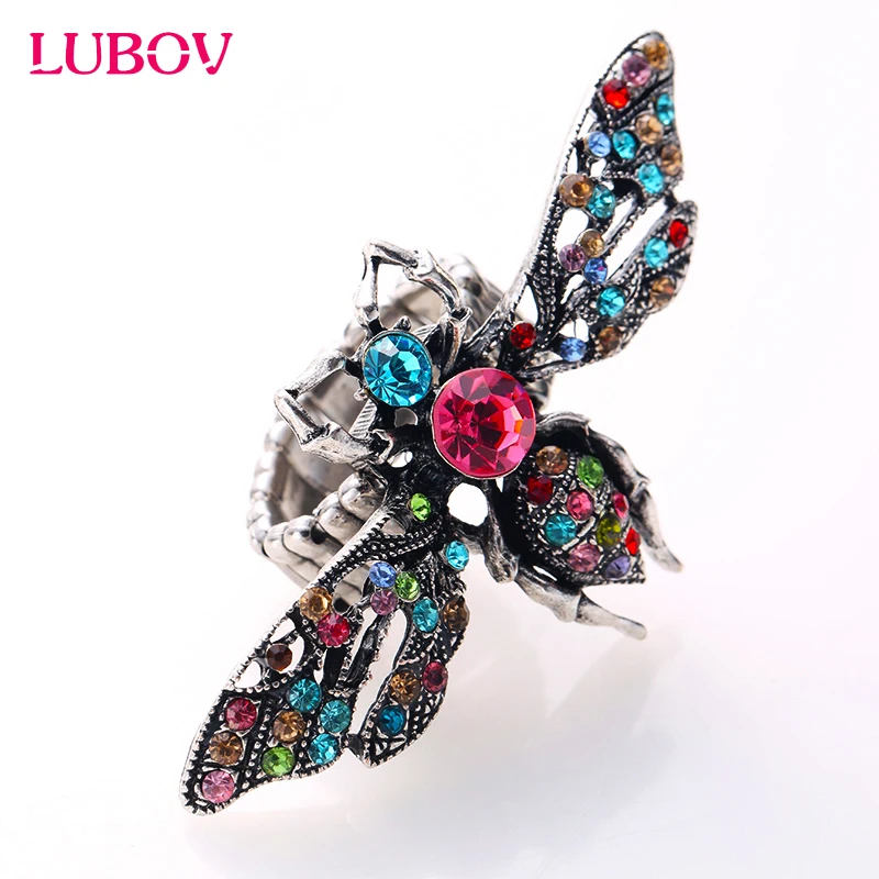 Colorful Crystal Stone Inlaid Anti Gold Color Metal Bee Rings Elastic Adjustable Finger Ring Fashion Women Party Jewelry