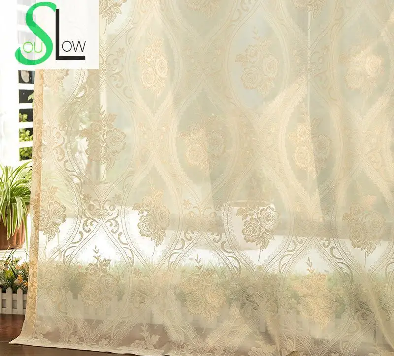 

Slow Soul Cream-colored Meihua Beige Curtain Fabric Pleated Europe Floral Tulle Curtains For Living Room Kitchen Bedroom Short