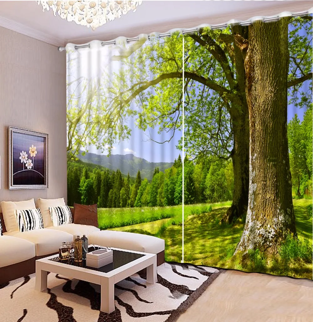 

Curtains For Parlor Blackout Fashion Big Tree Green Landscape Customized 3D Curtain 3D Bathroom Shower Curtain Decorative