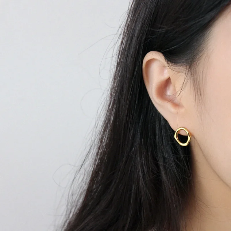 F.I.N.S Personalized 925 Sterling Silver Aymmetrical Earrings Small Circle Round Stud Earrings Geometry Concave Korean Earrings