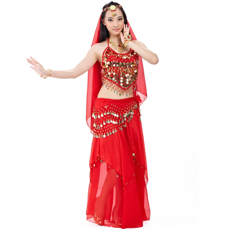 Traje indiano de dança do ventre para mulheres, parte superior do véu, moedas, lenço quadril, saia, 4 pcs