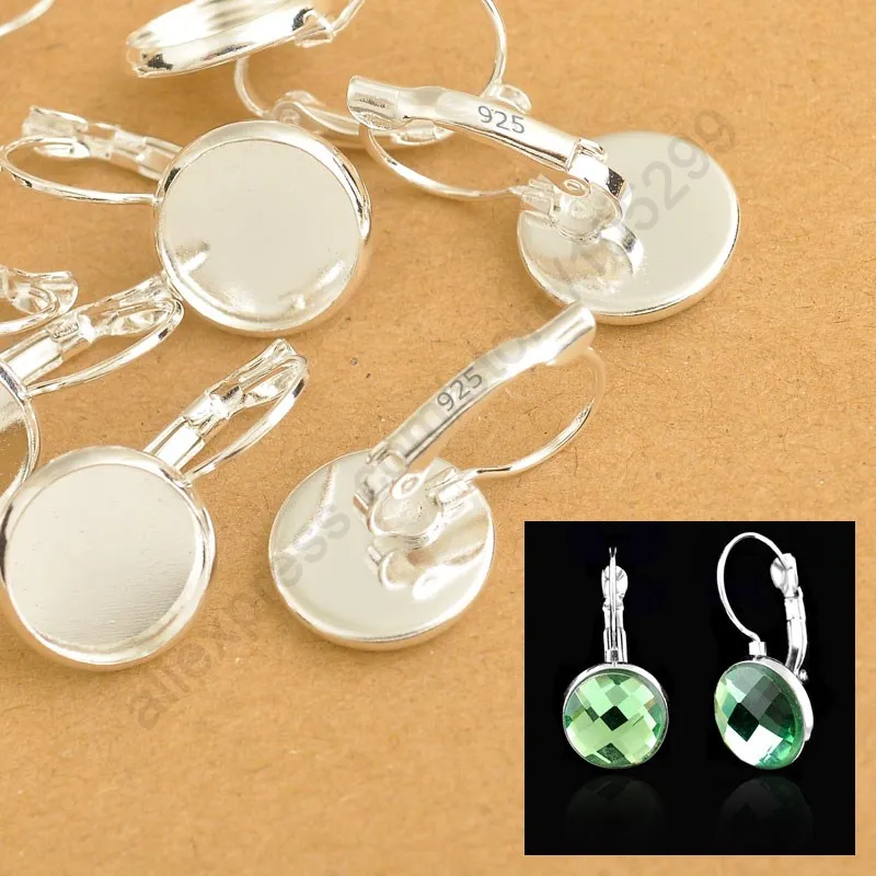 Bulk 8-10-12-14-16-18-20-25MM 925 Sterling Silver Jewelry Findings Flat Cabochon Cameo Settings Earring French Lever Back