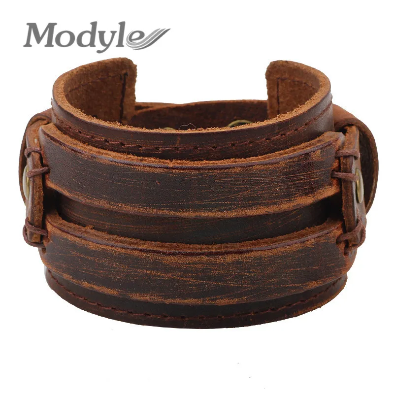 Modyle 2025 New Fashion Brand Black Brown Genuine Leather Bracelet With Alloy Buckle Adjustable Fashion Bracelets For Men Women