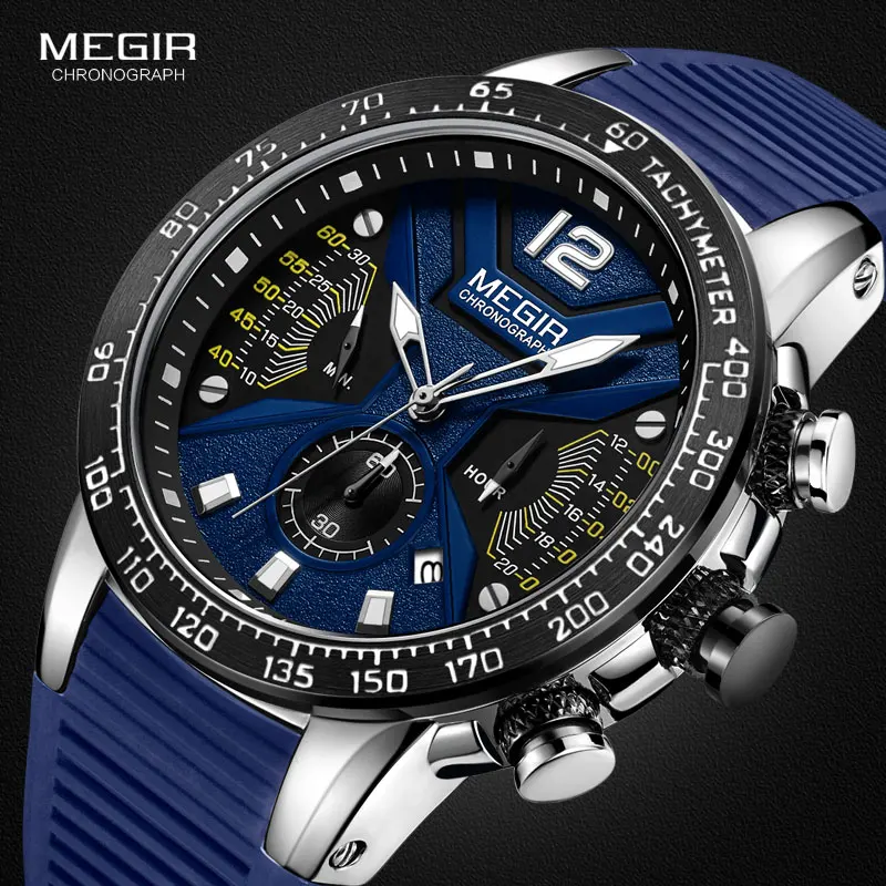 

MEGIR Sports Chronograph Quartz Watches for Men Silicone Strap Wateproof Luminous Wristwatch Man Relogios Masculino 2106 Blue