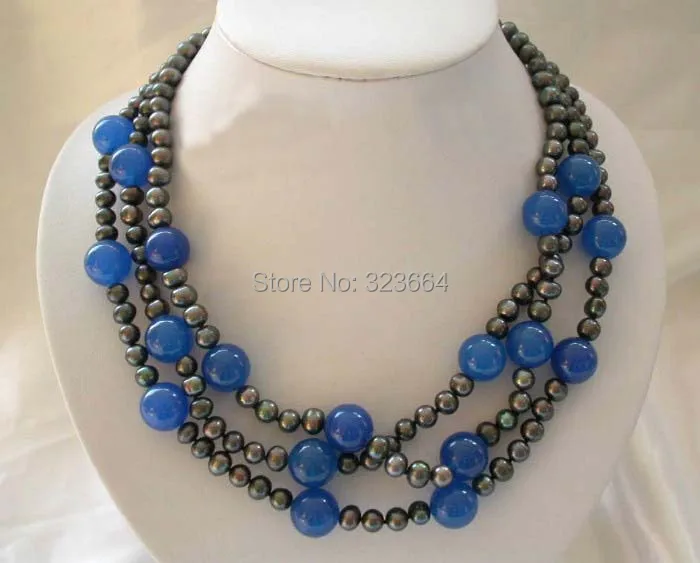 

stunning 3rows 7mm black freshwater pearl 14mm blue bead necklace