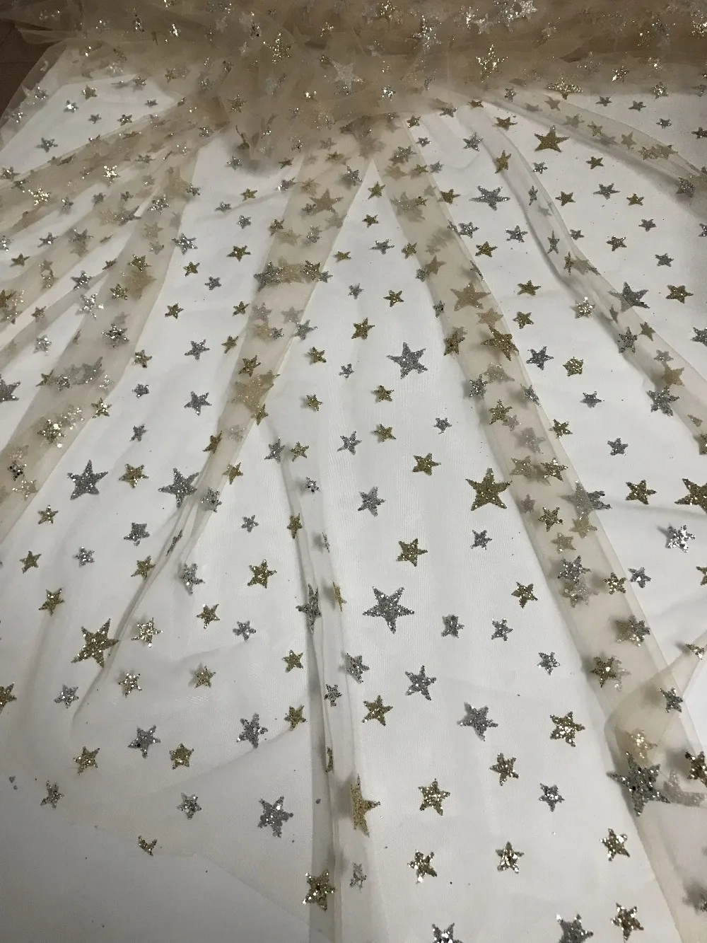 

5yards special glued print glitter tulle mesh fabric with double color star hot sale SYJ-1189 for sexy dress