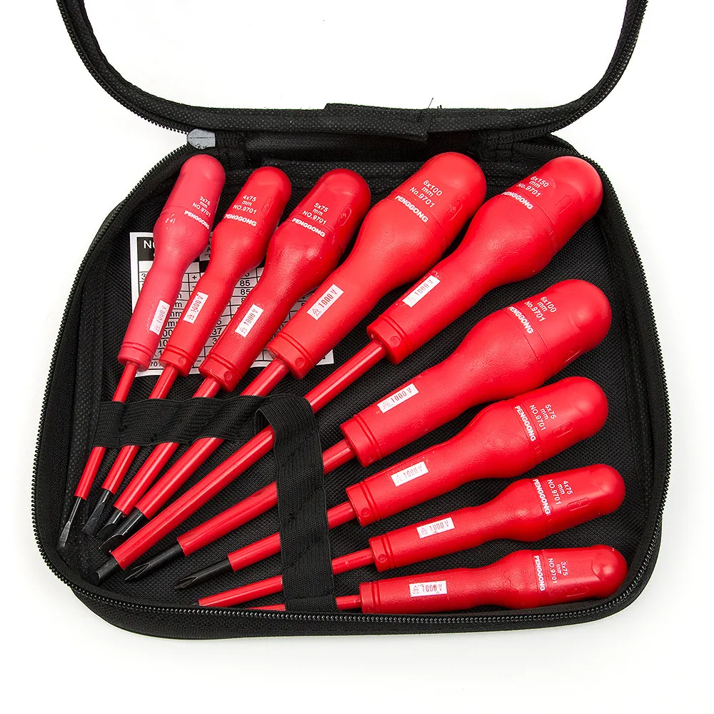 9 in 1 Electricians Grade Insulated Screwdriver Set PP coating Anti-Shock Red Handled Magnetic Head 1000Volt Repair Hand Tool