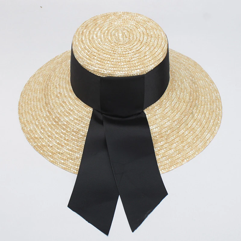 2019 Fashion Summer sun Hat Women Wide side Black Ribbon Straw Caps Sun Visor Hats Beach Sunhats With 13cm wide Brim Lady Retro