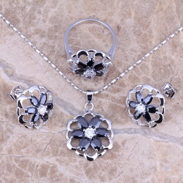 Sparkly Black Cubic Zirconia Silver Plated Jewelry Sets Earrings Pendant Ring Size 5 / 6 / 7 / 8 / 9 / 10 S0134