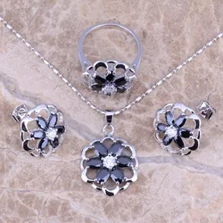 Sparkly Black Cubic Zirconia Silver Plated Jewelry Sets Earrings Pendant Ring Size 5 / 6 / 7 / 8 / 9 / 10 S0134