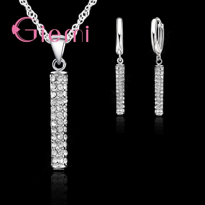 Simple Elegant Column Crystal Stone Necklace Earrings Elegant and Women Ceremony Match Clothes Jewelry 925 Sterling Silver