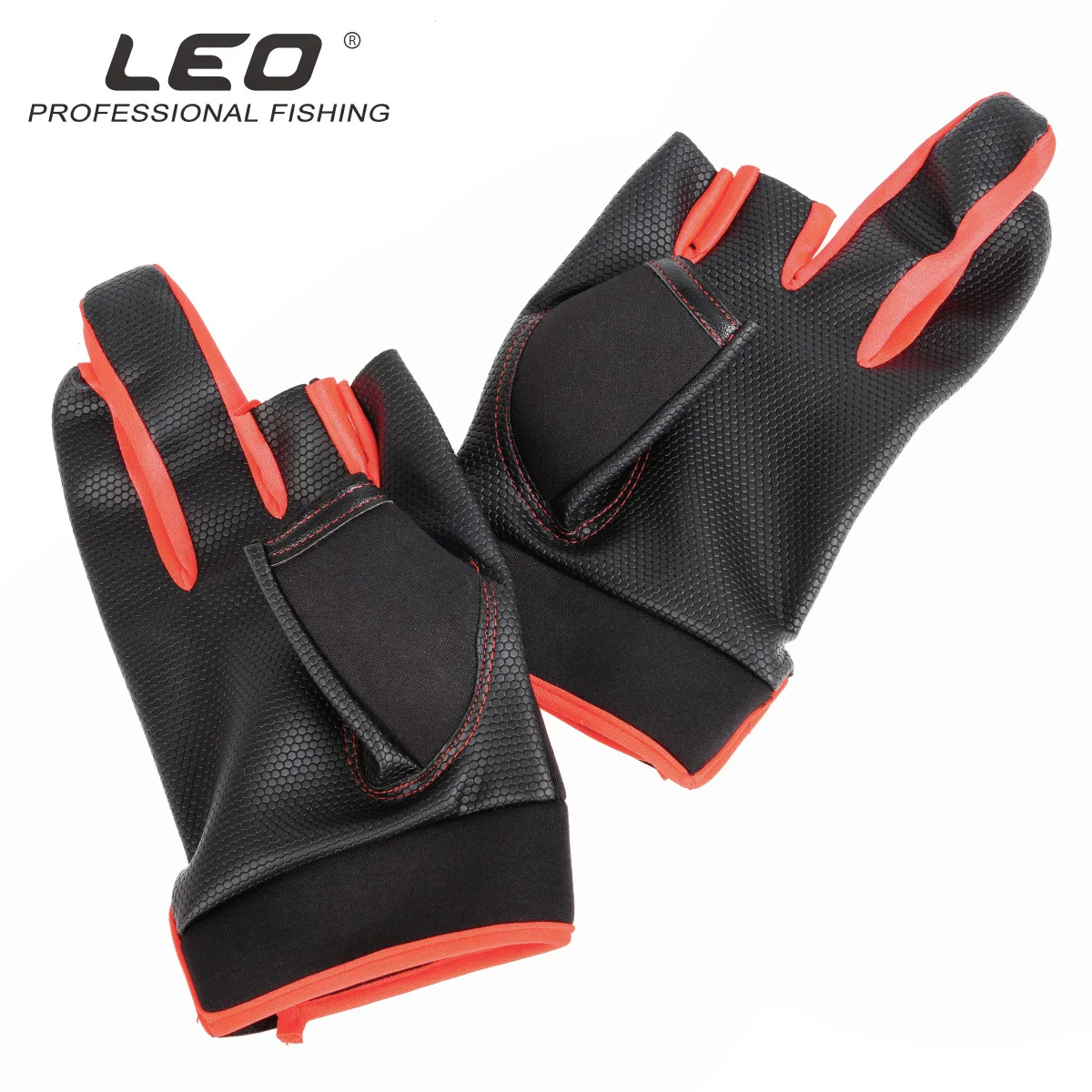 LEO 27954 Fishing Gloves  Three Fingers Cut SBR Composite Black Red Four Seasons Soft Anti-slip Elastic Fishing Tackle Pesca