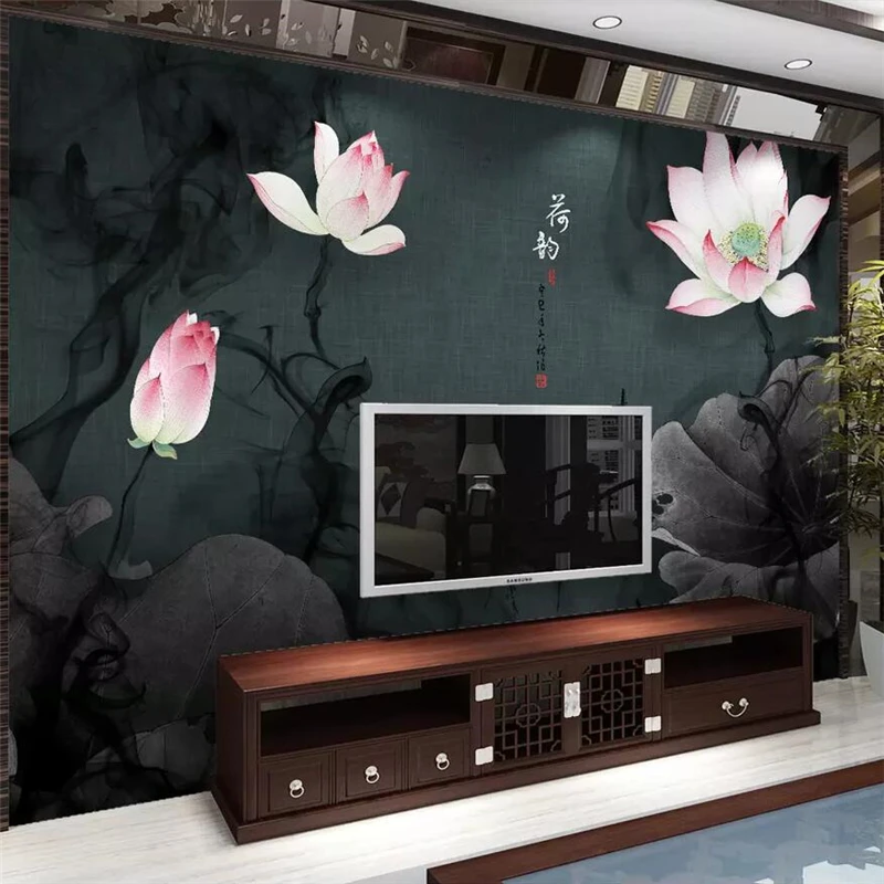 wellyu New Chinese ink ink Zen lotus fish group background wall decoration painting custom large mural green wallpaper