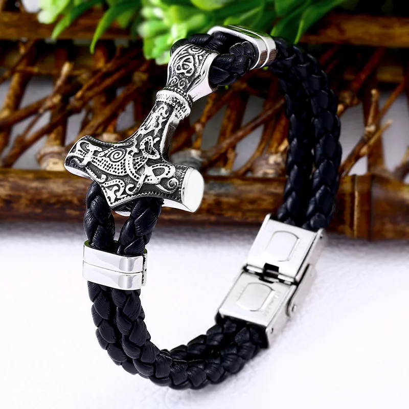 Beier 316L Stainless Steel Cowhide Bracelet Viking Scandinavian Norse Men\'s Bracelet Mjolnir Fashion LLBC-L033