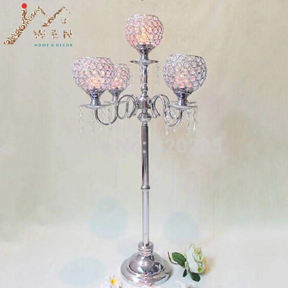 1lot/10pcs new arrival 90cm height 5-arms metal candelabras with crystal pendants, shiny silver finish wedding candle holder