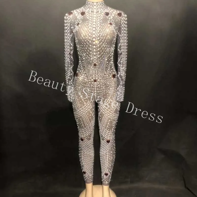 

Luxurious Pearls Crystals Mesh Jumpsuit Women Stage Dance Black Perspective Bodysuit Party Singer Costume Celebrate Outfit Dress