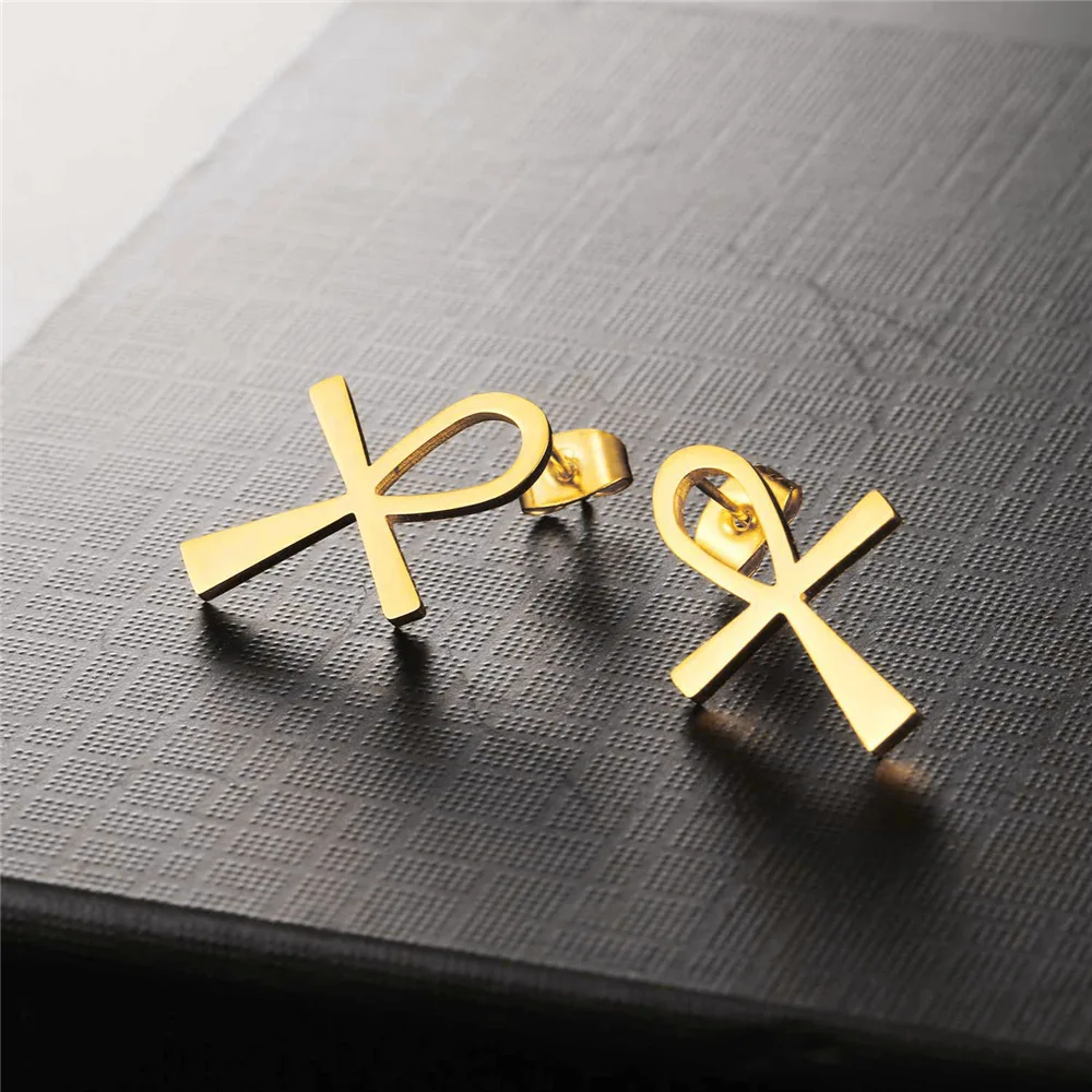 Kpop Religious ANKH Cross Charm Earring Gold Color Egyptian Peace Faith Key Of Life Pend Stainless Steel Stud Earring E2125