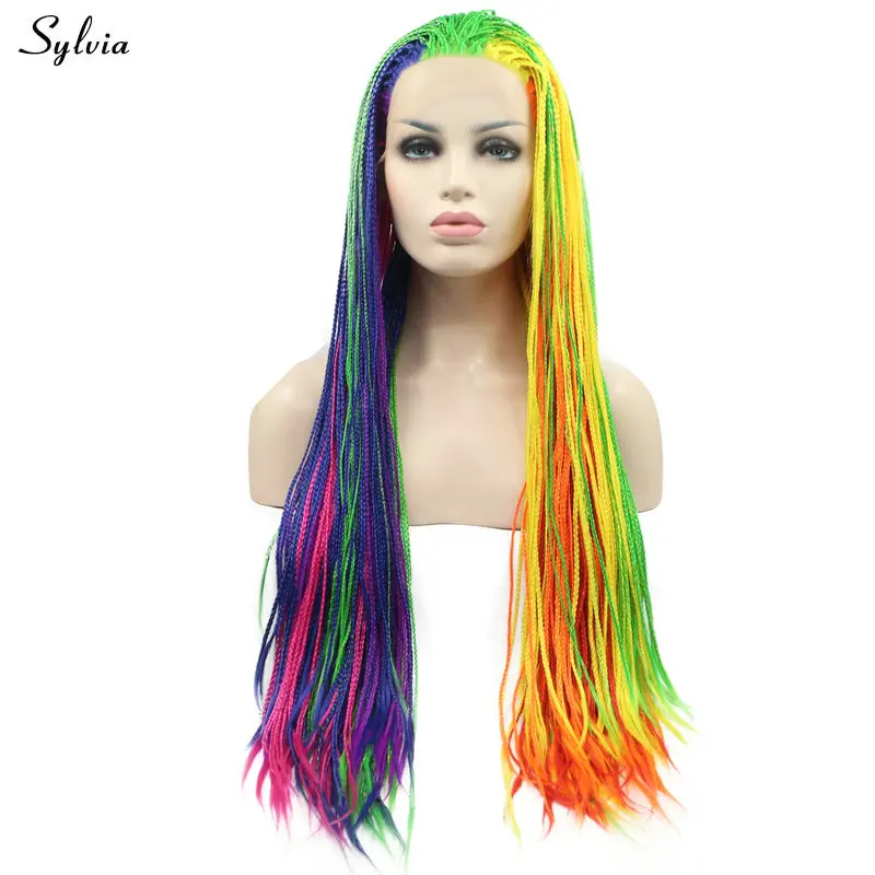 Sylvia Braided Box Braids Wig Long Rainbow Yellow Green Orange Pink Blue Synthetic Lace Front Wigs For Women Natural Looking Wig