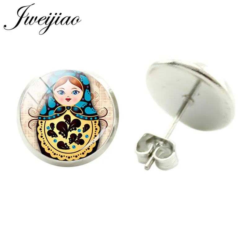 JWEIJIAO Klassische Russische Matryoshka Japan Puppe Stud Ohrringe Glas Cabochon Dome Erklärung Legierung Ohr Schmuck JN10