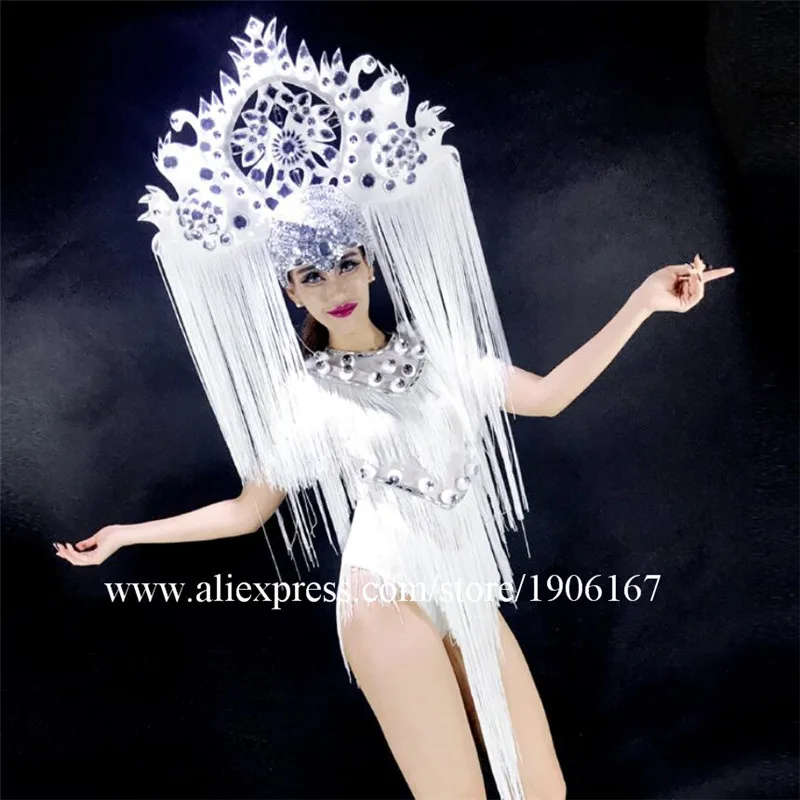 White Sexy Lady Fringe Party Evening Dress With Headwear DS Nightclubs Stage Performance Clothes Queen Christmas Dance Suit