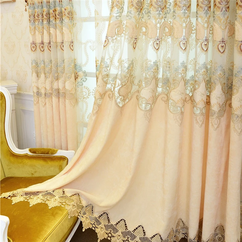 Beige Deluxe European custom villa embroidered Floor curtains for Living Room Classic royal style Flat curtains for Bedroom