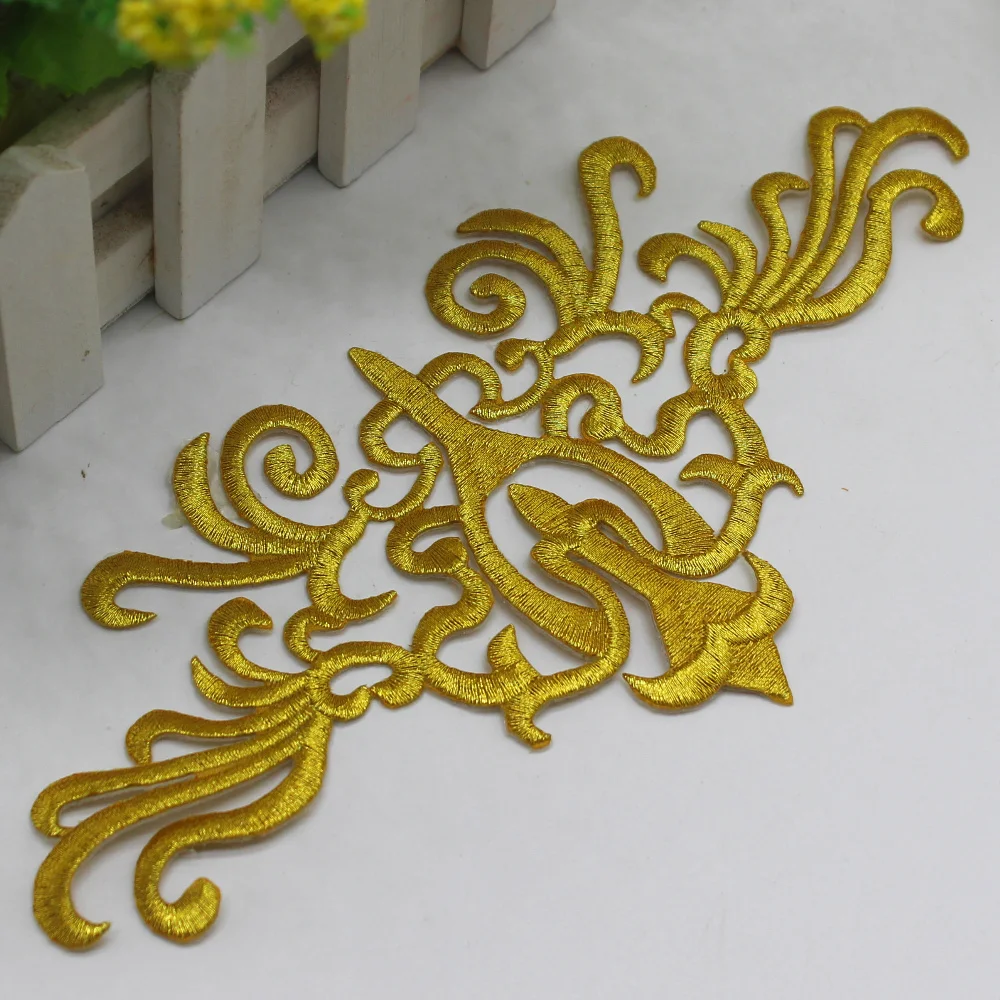 Gold Embroidered Patches Iron On Flower Vintage Diy Trims Shiny Metallic Gold And Silver  20.5cm*10cm