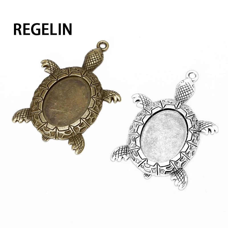 

REGELIN 10pcs tortoise Antique Silver filigree cameo cabochon pendant setting 18*25mm dia Cabochon Base For DIY Jewelry Making