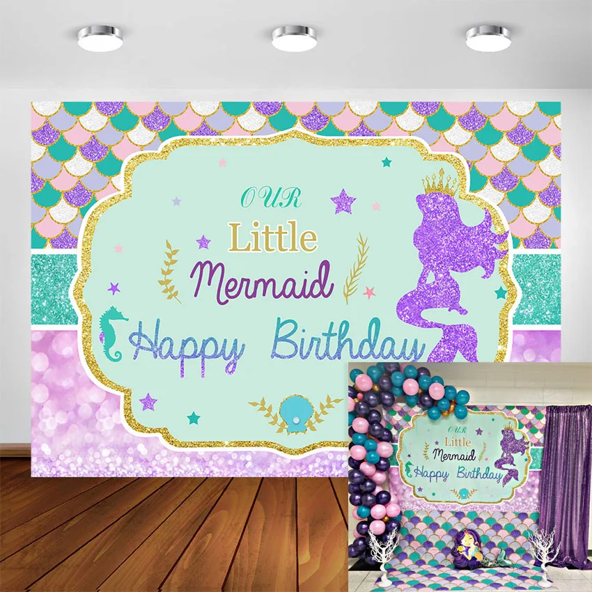 Crowned Mermaid Backdrop Under The Sea Mermaid Sea Grass Castle Background Glitter Baby Children Birthday Party Decor Banner