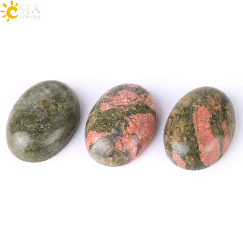 CSJA Natural Green Unakite Cabochon Beads Semi-Precious Stone Loose Bead No Drilling Hole Dome Jewelry Accessories Fit Ring F522