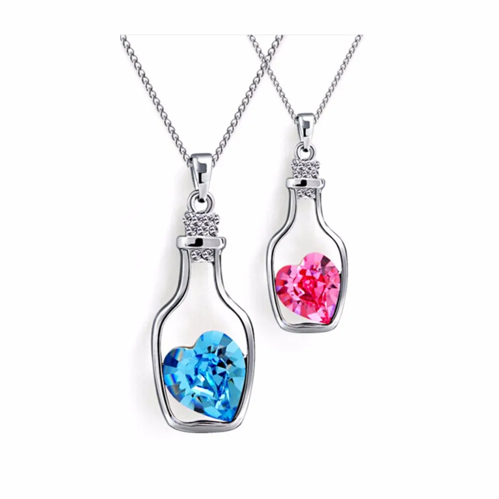 NK712 Fashion Punk Pink Blue Collares Men Wish Bottle Crystal Heart Pendant Neck For Women Chain Jewelry Statement Collier