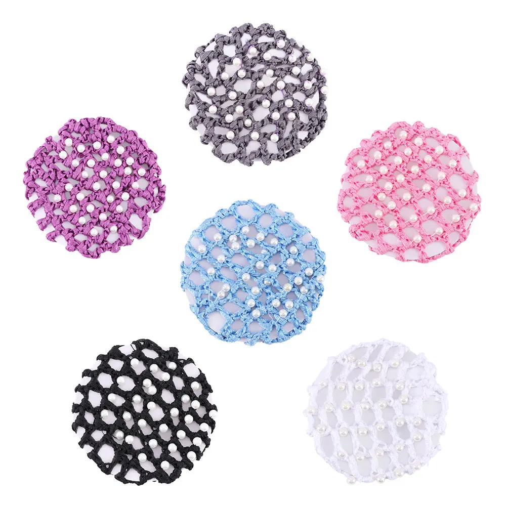 1pc Crochet 6 Colors Mesh Bun Cover with White Pearl Ballet Dance Skating Hair Net Snood for Women accesorios para el cabello