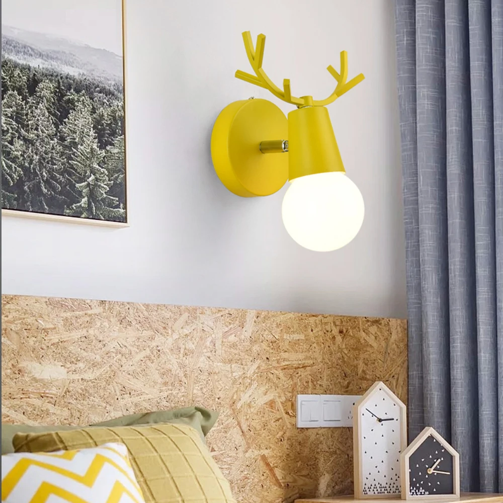 Nordic Adjustable LED Wall Lights Colorful Cartoon Deer Antlers Bedroom Reading Sconce Wall Mounted Children Room Lighting E27