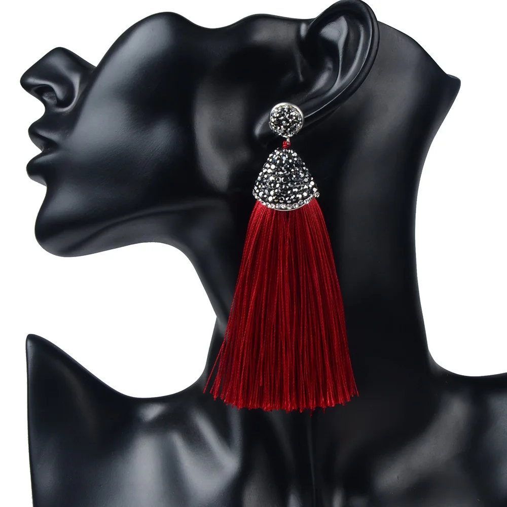 Vintage Bohemian Crystal Long Silk Tassel Earring Women Rhinestone Charm Stainless Steel Dangle Drop Earrings Boho Jewelry