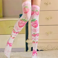 Medias altas hasta el muslo sexis para mujer, medias por encima de la rodilla con estampado 3D de fresa roja y rosa, elemento cuadrático para Cosplay