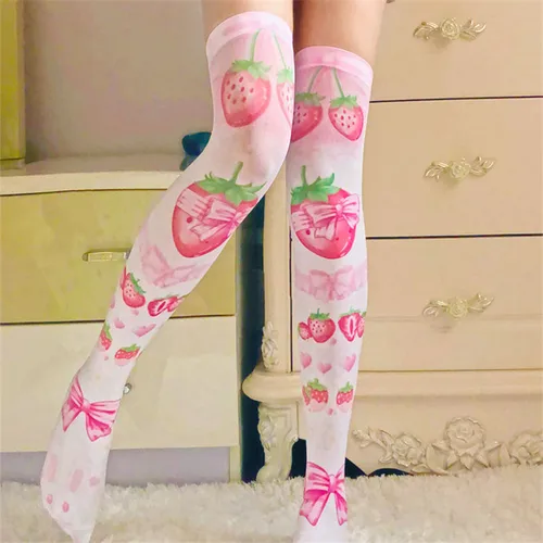 Medias altas hasta el muslo sexis para mujer, medias por encima de la rodilla con estampado 3D de fresa roja y rosa, elemento cuadrático para Cosplay