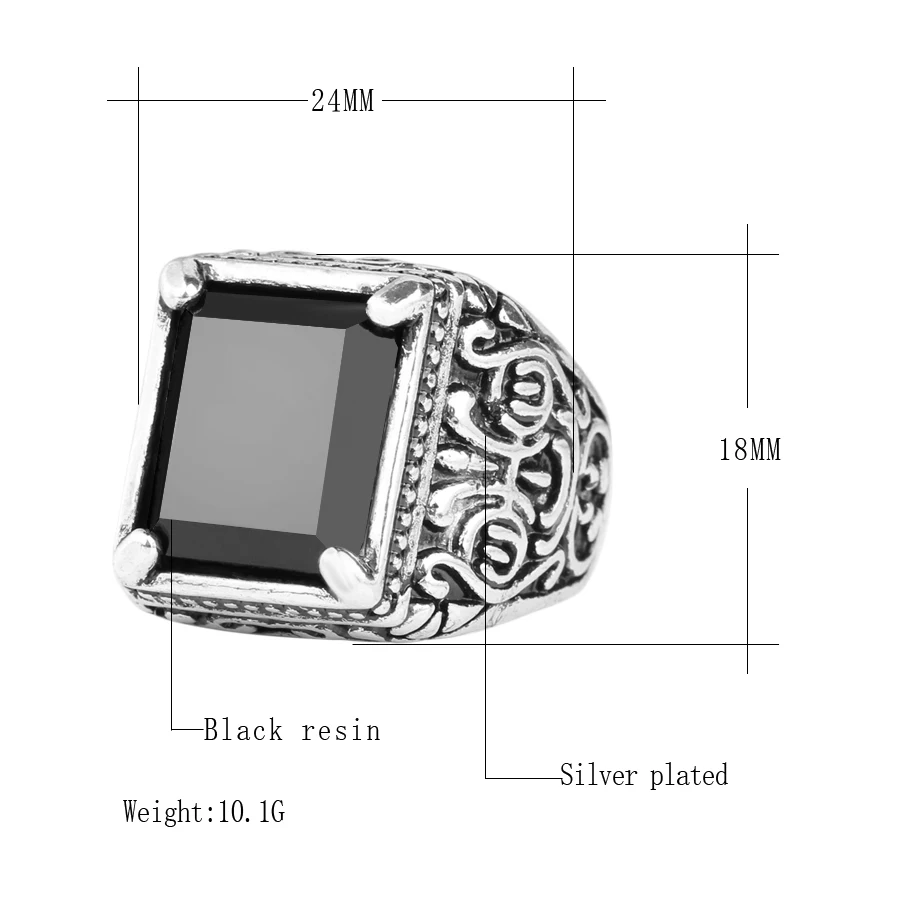 Ethnic Tibetan Silver Jewelry Vintage Textured Signet Ring Punk Rock Square Black Stone Ring For Men Accessories Gift