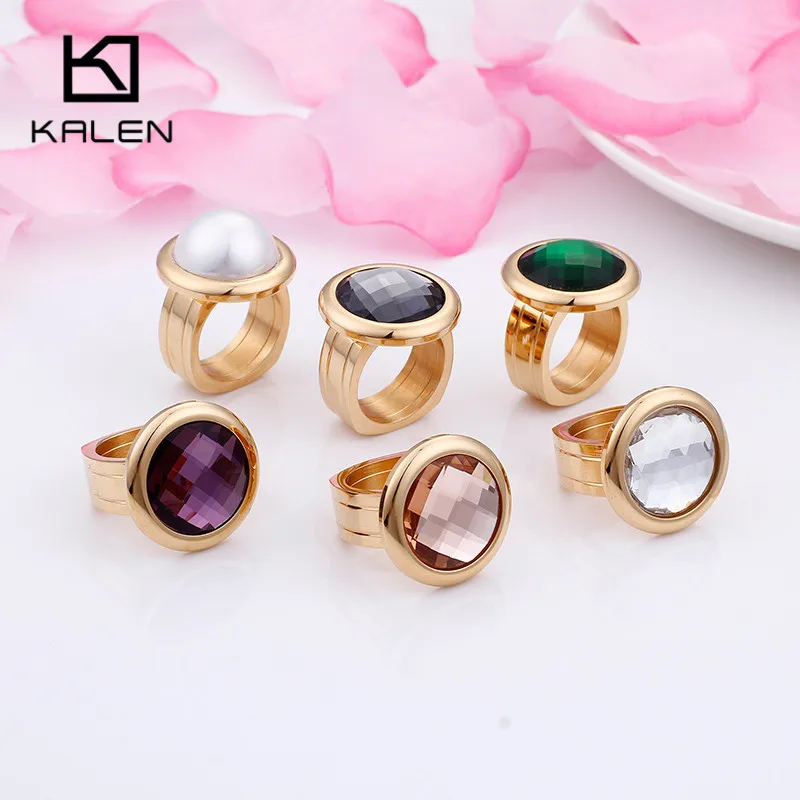 KALEN 1 Pcs Stainless Steel Bulgaria Gold Color Rings Women Bohemia Colorful Stone Finger Rings Size 6 7 8 9 Cheap Rings Jewelry