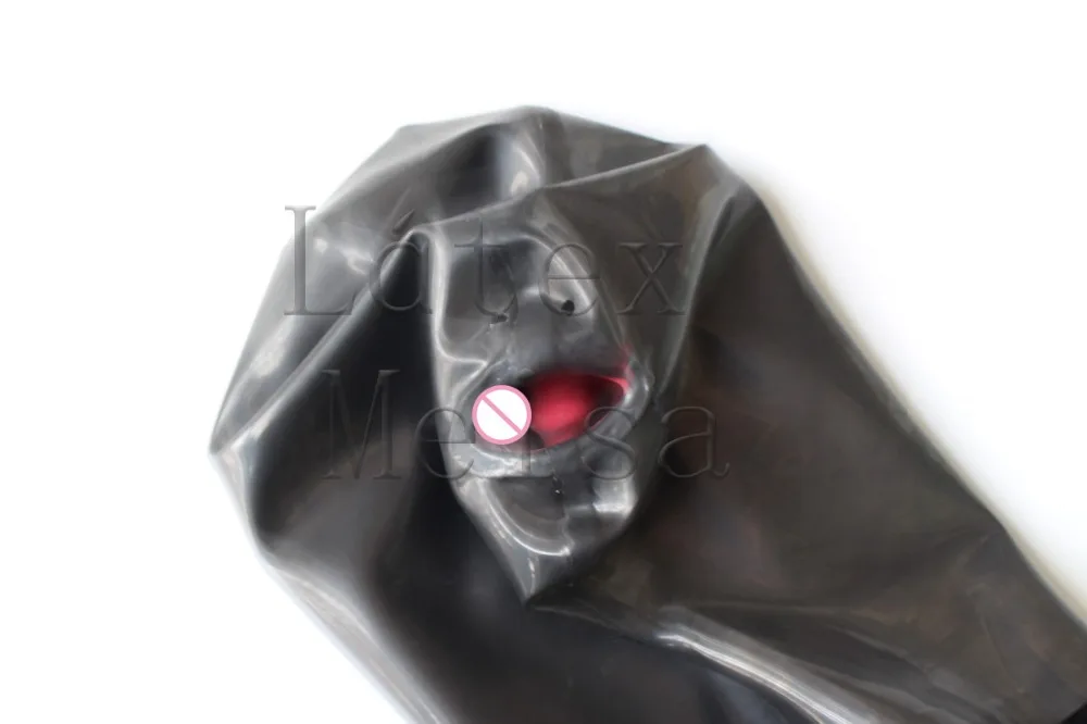 Head black latex hoods sexy  rubber masks with mouth plug attached back zip