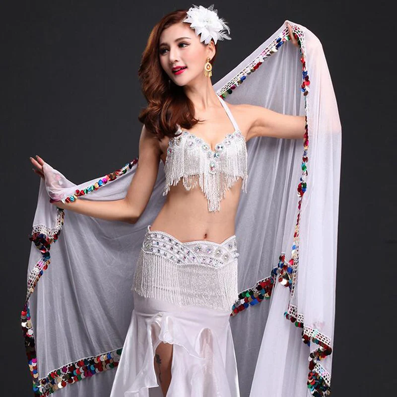 New Arrival Malaya Veils for Belly Dance long flowy hand-made sew sequins Dancing Hand-Scarf  Veil White/Black