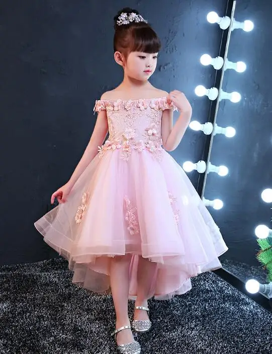 2017 New Shoulderless Flower Girls Dresses For Wedding Appliques Formal Girl Birthday Party Dress Red Lace Princess Ball Gown