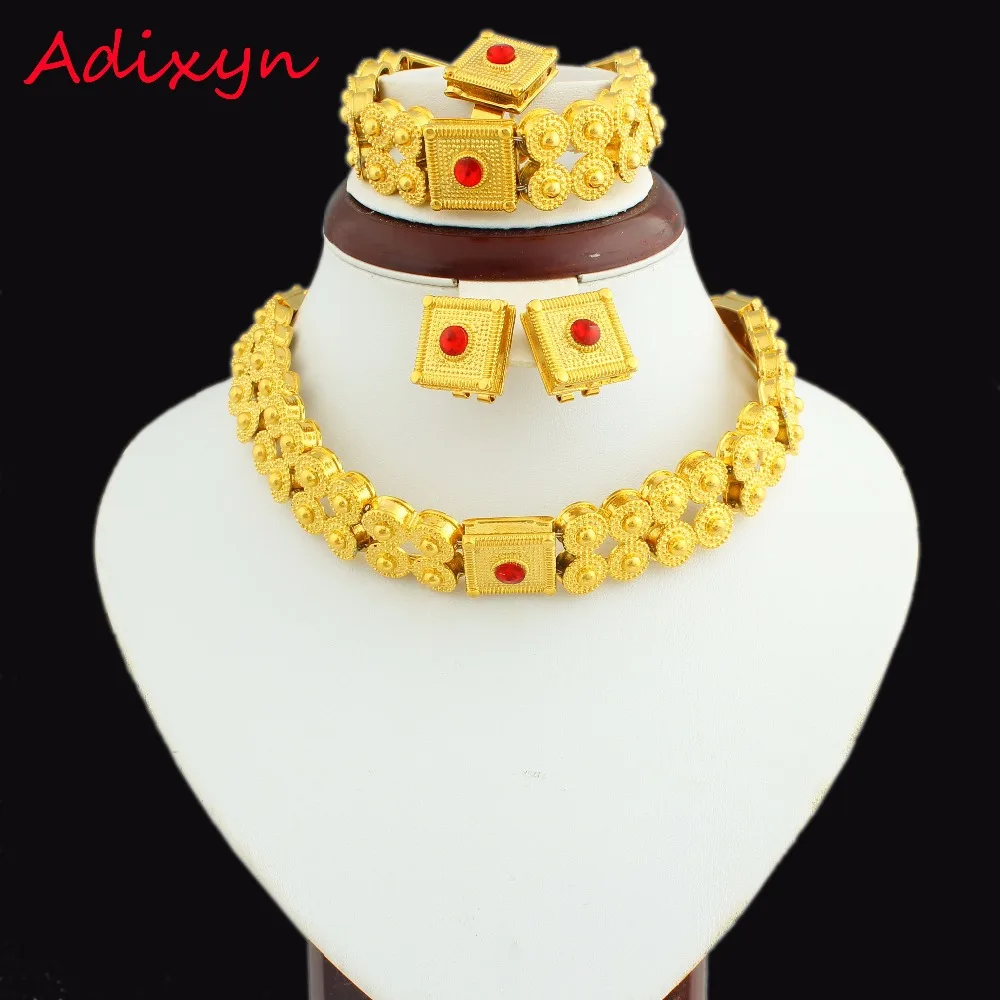 Adixyn New Red Stone Ethiopian Set Jewelry 24K Gold Color Necklace/Earring/Ring/Bracelet Jewellery Set For Eritrea African Women