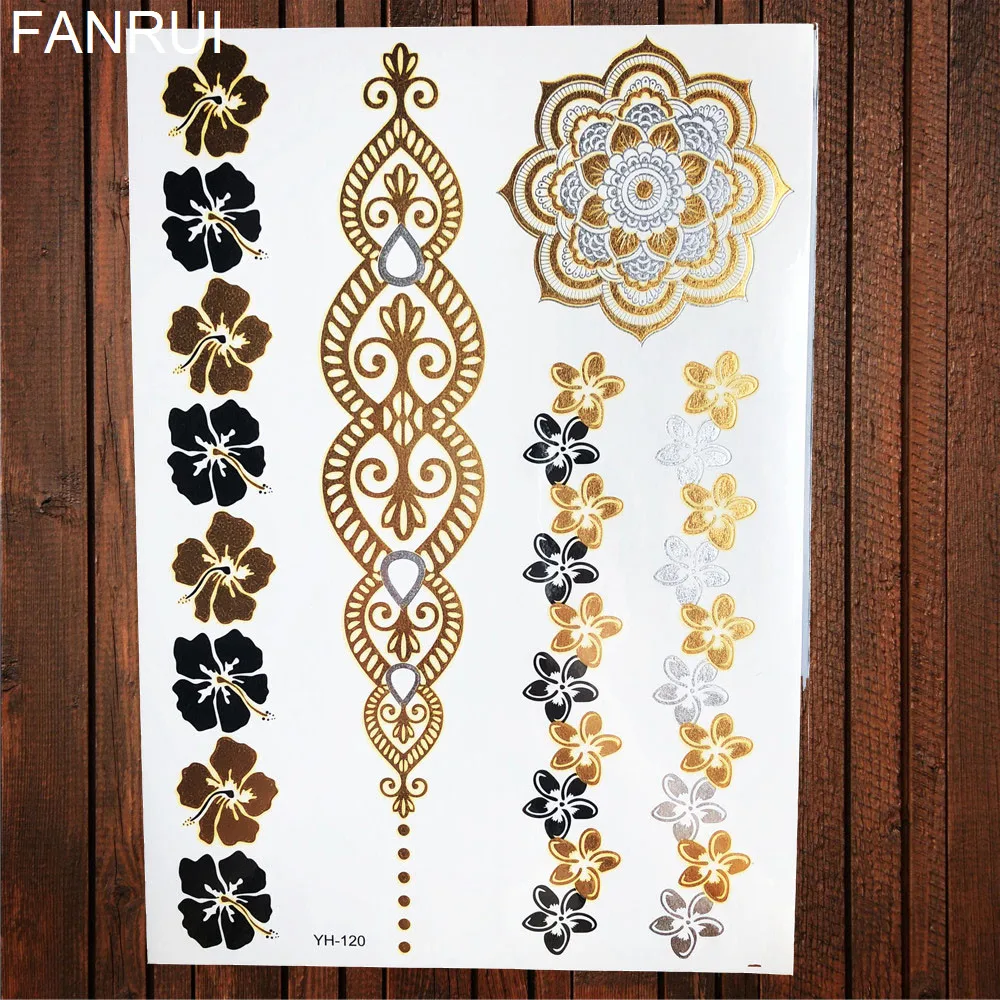 Lace Henna Flower Flash Tattoo Stickers Women Chains Gold Metallic Temporary Tattoo Girls Ankle  Waterproof Tatto Wrist Jewel